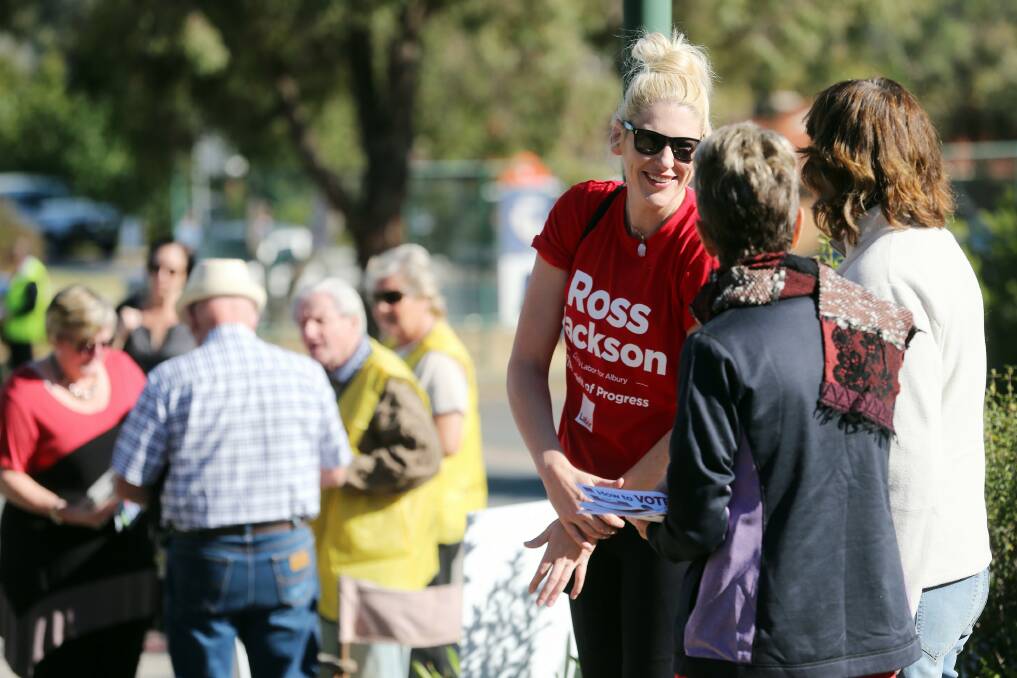 Lauren Jackson showed up to lend support to her brother outside the Thurgoona Public School polling booth. Picture: JOHN RUSSELL