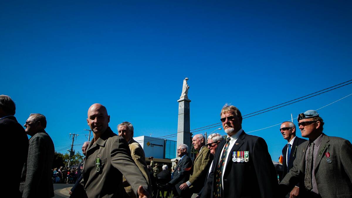  Local veterans march past the cenotaph in Yarrawonga. Picture: DYLAN ROBINSON