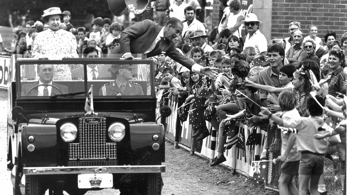 May, 1988 - Prince Philip and Queen Elizabeth II visit Albury-Wodonga. The Queen and Prince Philip parade through the Albury sportsground. 