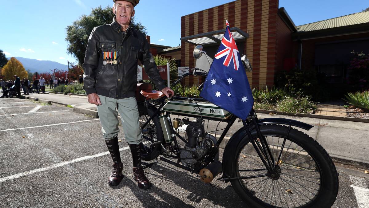 Jim Crebbin rode this 1913 Ridge Multi, an English motorbike owned by his father Rupert, in the Anzac Day ceremony at Mount Beauty. Picture: MATTHEW SMITHWICK