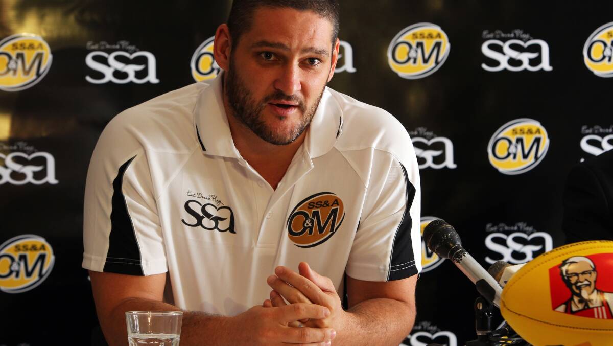 Brendan Fevola speaking at a press conference announcing his appointment to the coaching role of the O & M interleague squad. Picture: MATTHEW SMITHWICK