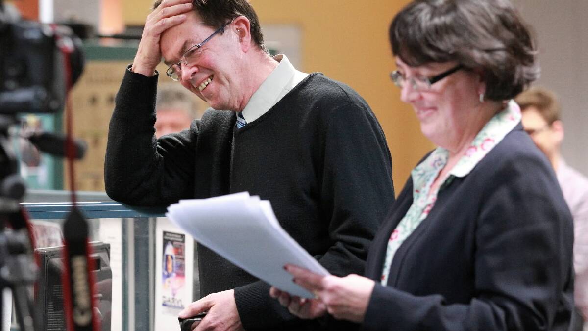 Howard Jones laughs as editor Di Thomas delivers a speech at his official farewell. Picture: KYLIE ESLER