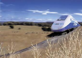 artist's impression of very fast train speeding  through the border countryside.