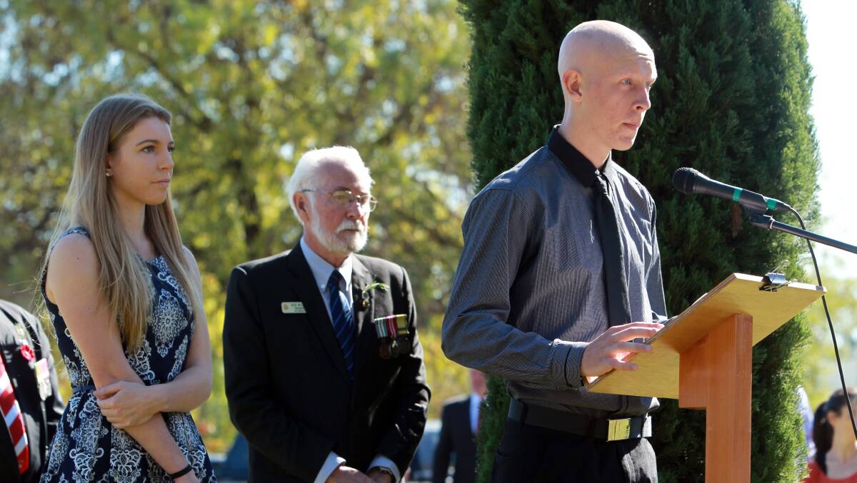 Mount Beauty Secondary College captains Jade Flint (left) and Tom McMahon (right) spoke during the Anzac Day ceremony. Picture: MATTHEW SMITHWICK