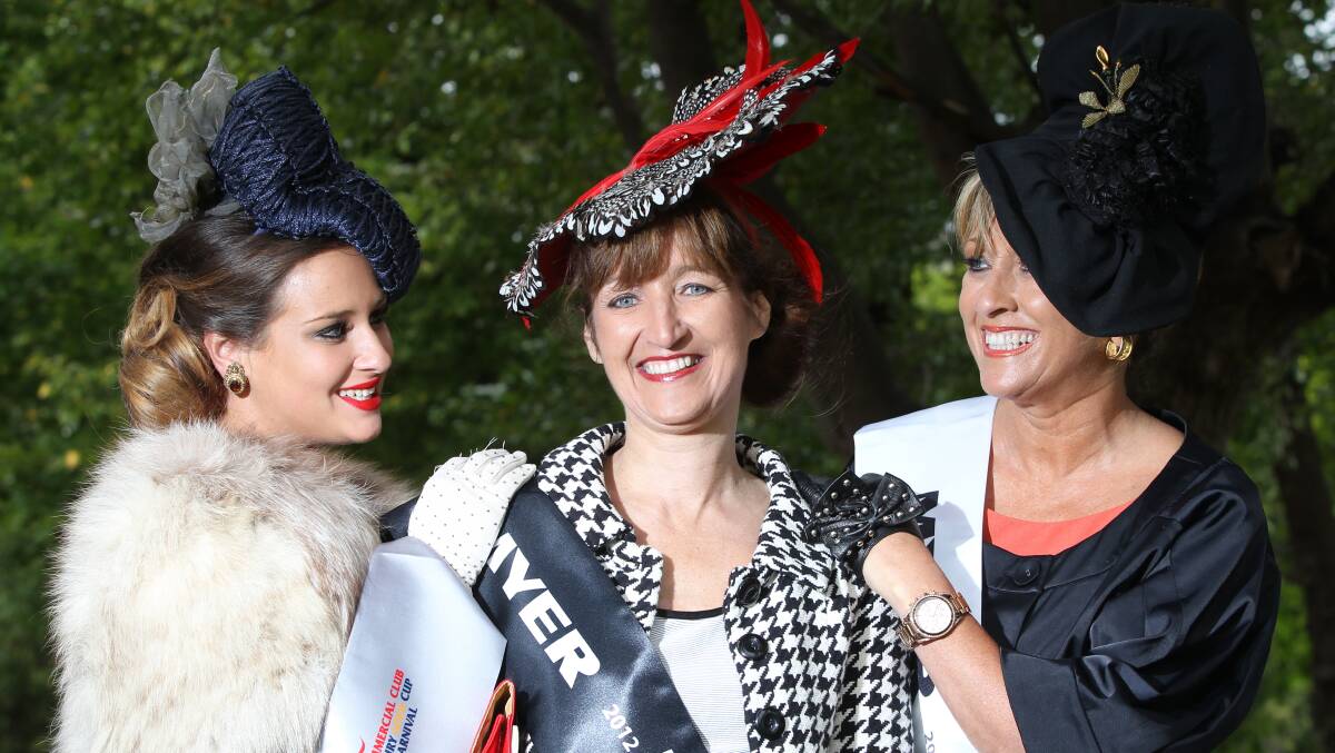 2012 - Millinery section winner Cheryl Kreltszheim (Wangaratta) is supported by runner up Brodie Worrell (McCrae) and third place-getter Dee Worrell (McCrae). 