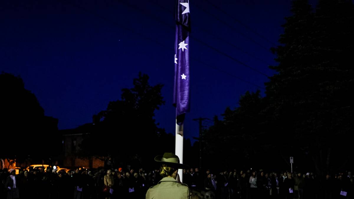 The flag raising ceremony at the Wangaratta dawn service. Picture: DYLAN ROBINSON