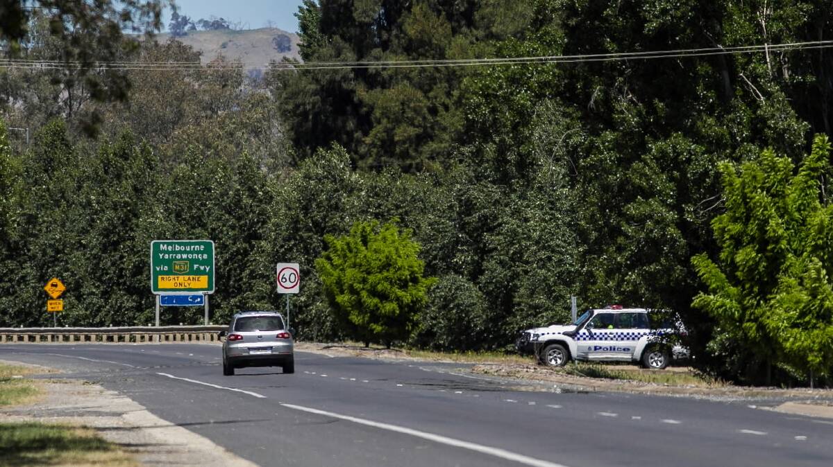 Police on the Lincoln Causeway at Wodonga during efforts to find a vehicle speeding on the Hume Highway. Picture: DYLAN ROBINSON