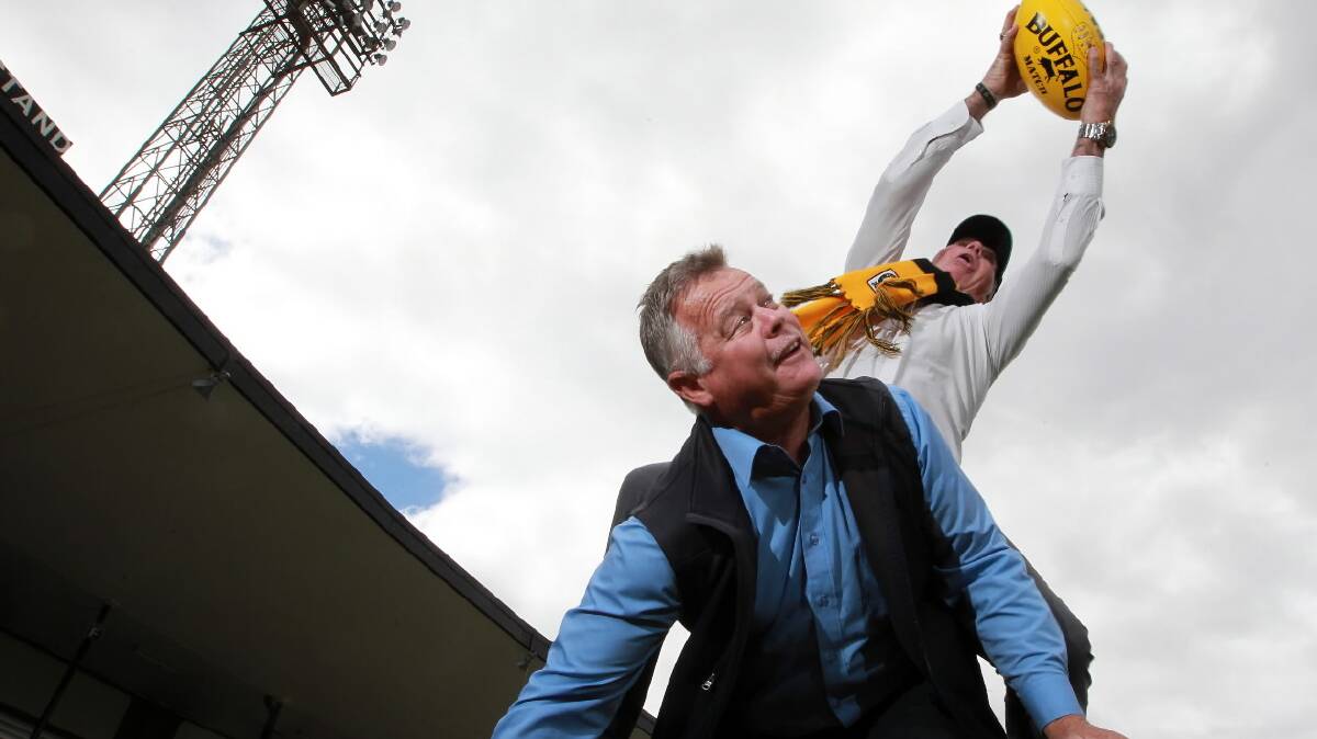 Kerry Garland, Building Construction and Maintenance Supervisor at Albury City Council and Mayor Kevin Mack are excited about the announcement of the Port Adelaide v Richmond pre-season AFL match. Picture: KYLIE ESLER