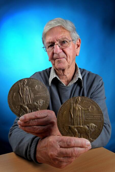 Bill Honeychurch from Kilmore with death pennies which were sent to his family during WWI to mark the death of his uncles, Hector and Henry Honeychurch. Picture: DAVID THORPE