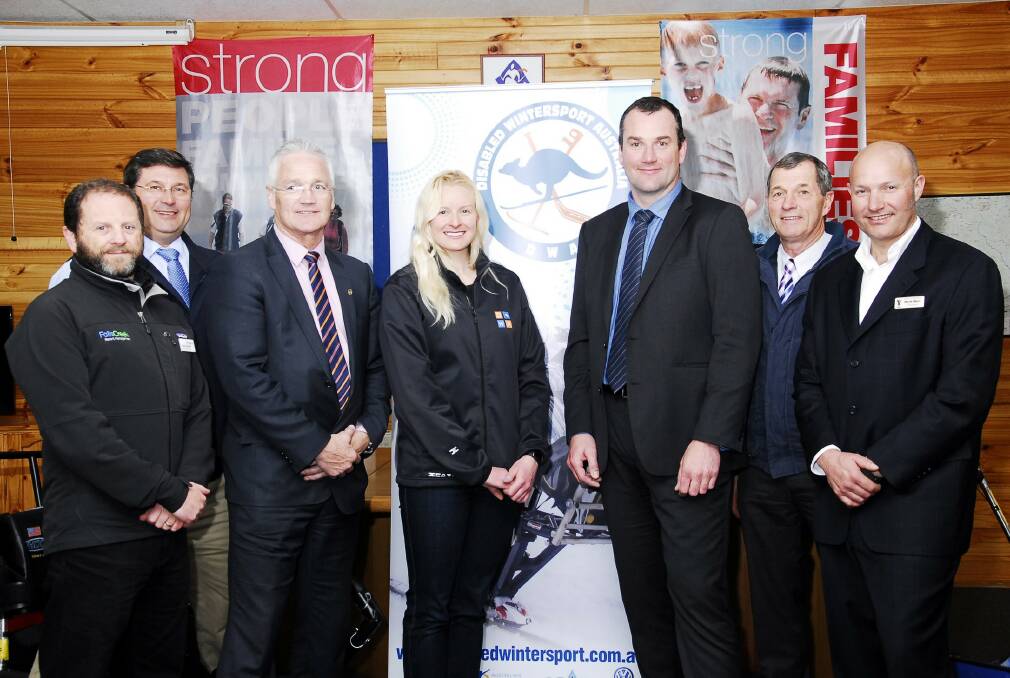 At yesterday's announcement - David Herman (CEO Falls Creek Alpine Resorts Management Board), Bill Tilley (Member for Benambra), Damian Drum (Minister for Sport and Recreation), Jess Gallagher (Australian Paralympic skier and Sochi Bronze medalist), Jim Blackburn (President Disabled Wintersports Australia), Bill Sykes (Member for Benalla) and Mark Weir (CEO YMCA).