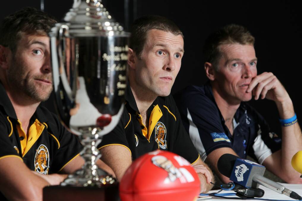 Albury Tigers' Daniel Maher and Chris Hyde and Yarrawonga Pigeons' Chris Kennedy. Picture: MATTHEW SMITHWICK