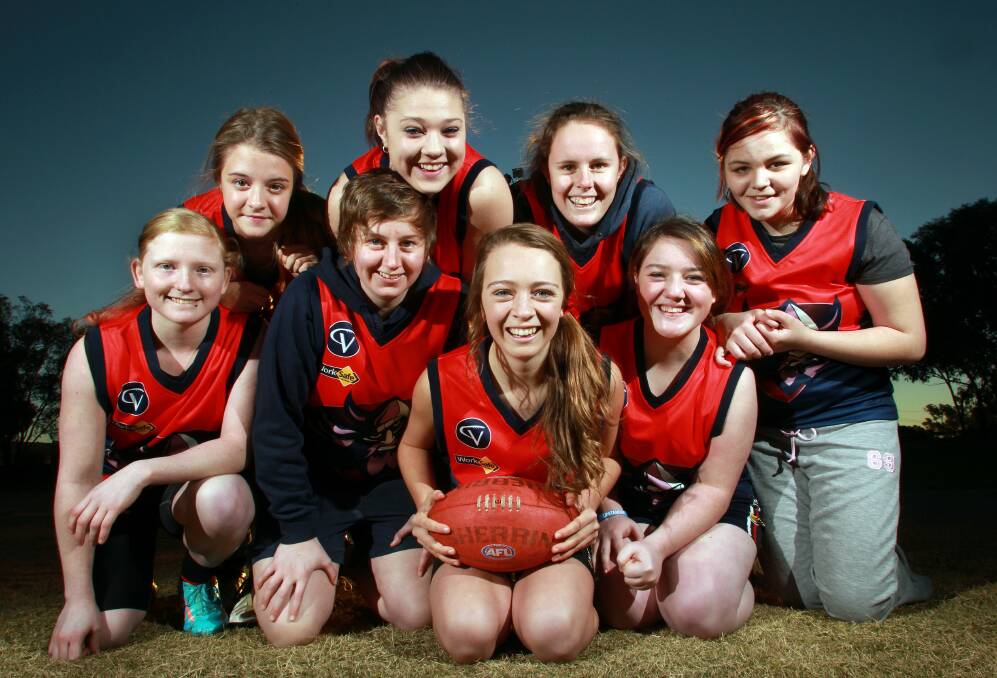 Wodonga Youth Girls AFL team. Rhiannon Johnson, 15, Emily Crawford, 14, Bree Gaylor, 18, Tiana Grubb, 18, Julia Harvey, 14, Skye Simpson, 17, Courtney Hawkins, 14, and Brittany Chiang, 14. Picture: KYLIE ESLER