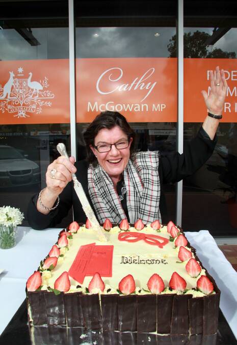 Cathy McGowan celebrates the opening of her Wodonga office. Picture: KYLIE ESLER