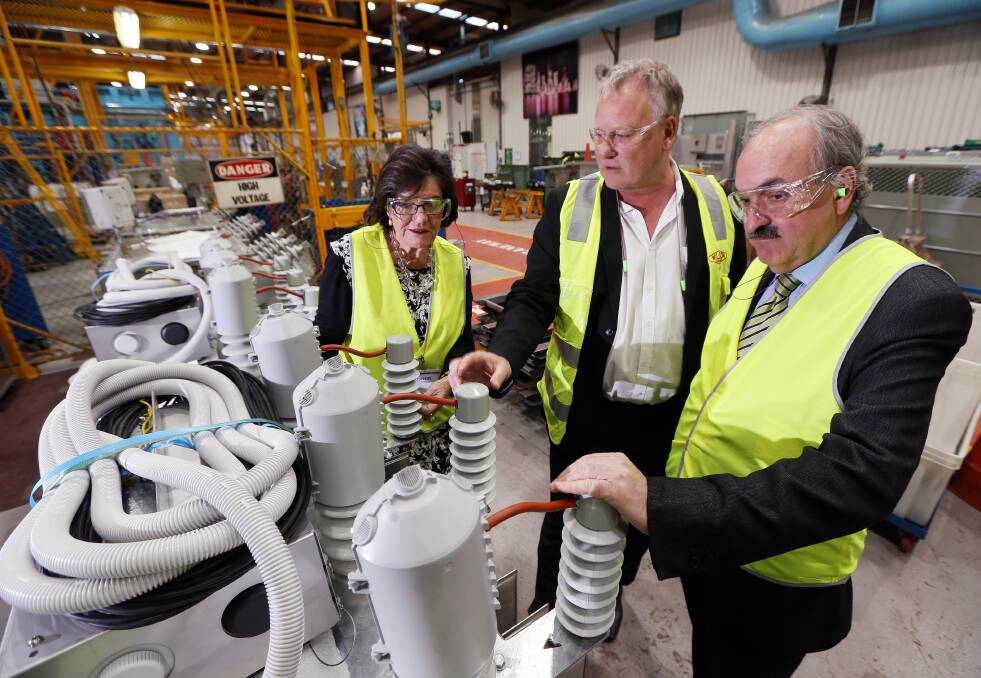 Member for Indi Cathy McGowan, General Manager of Wilson Transformers Jon Retford, and the Argentinian Ambassador Pedro Villagra Delgado took a tour through the Wilson Transformers factory this afternoon. Picture: JOHN RUSSELL