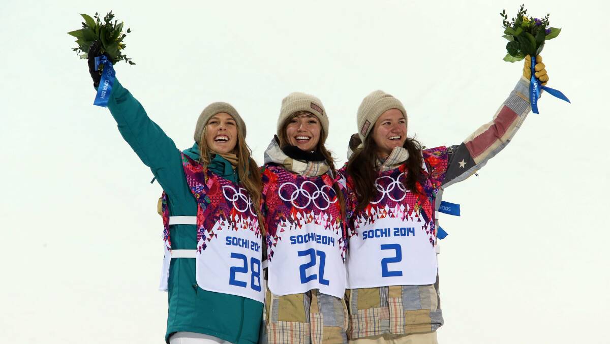 Torah Bright (left) won silver in the ladies' halfpipe at Sochi, collecting Australia's first medal at the 2014 Winter games. She's joined on the podium by Kaitlyn Farrington, the US gold medallist, and bronze medallist Kelly Clark, also from the US. Picture: Getty Images