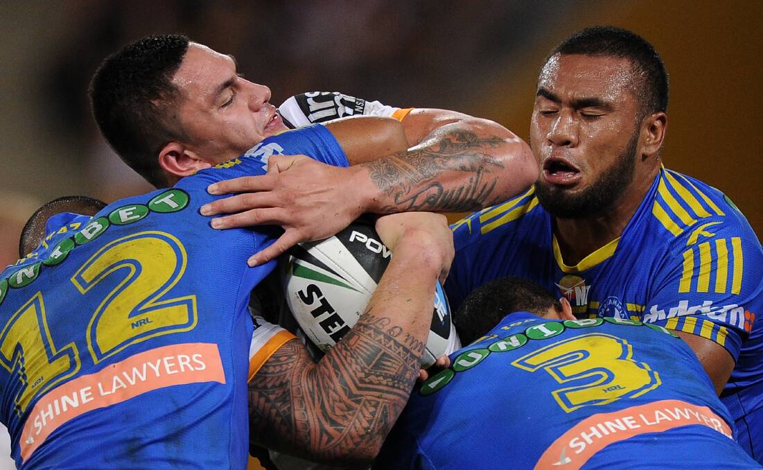 Daniel Vidot of the Broncos is tackled. The Eels defeated the Broncos 25-18 on Brisbane turf in Round Five of the NRL. Picture: Getty Images