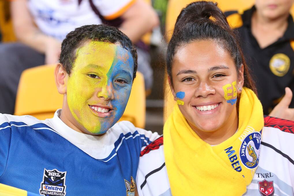 Eels fans show their colours. The Eels defeated the Broncos 25-18 on Brisbane turf in Round Five of the NRL. Picture: Getty Images