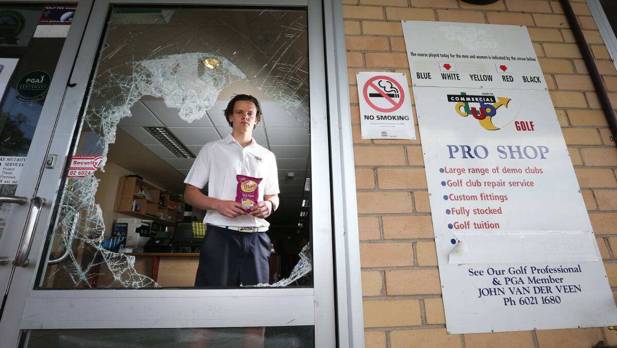 SMASHED: Albury golf course assistant Bailey Stewart at the pro shop. Police are investigating possible links to a ram raid. Pictures: KYLIE ESLER