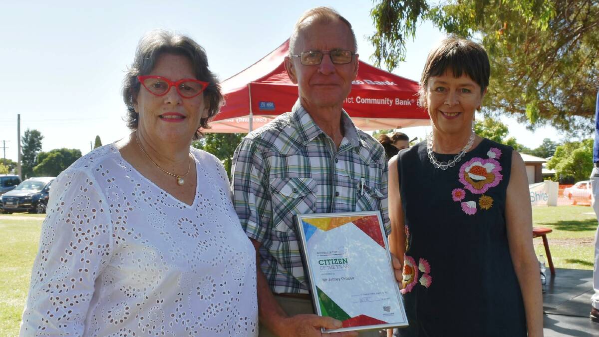 AWARDS: Mayor Heather Wilton congratulates Greater Hume's 2017 citizen of the year Jeff Grosse with Australia Day ambassador Penny Cook at last year's ceremony. 