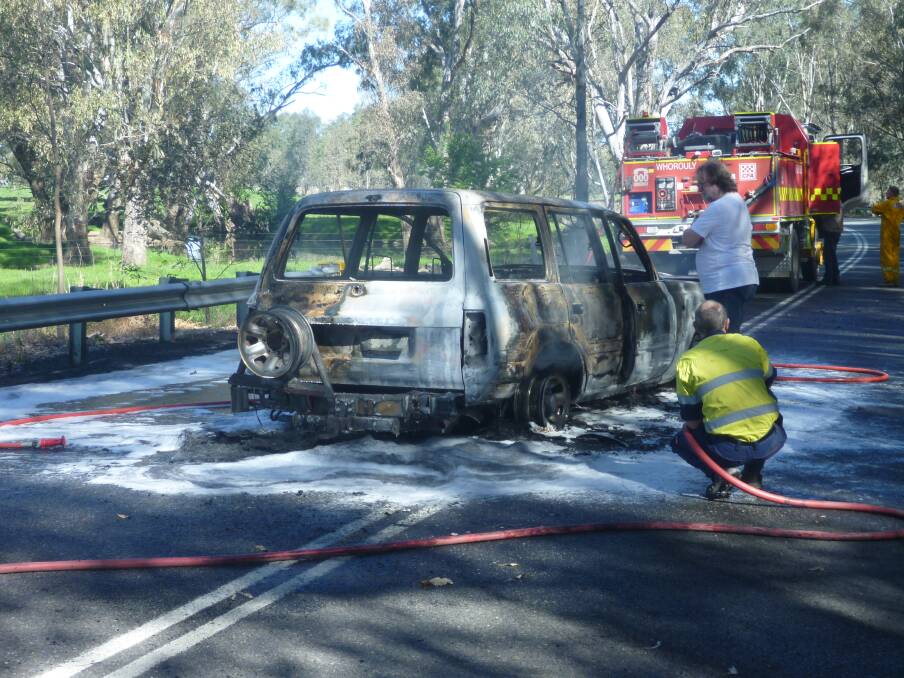 BURNT OUT: The remnants of the Toyota LandCruiser in Whorouly on Tuesday.