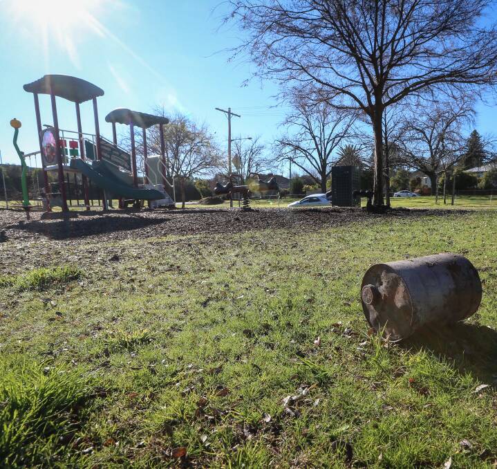 DAMAGE: A fuel can was clearly visible near a park off Broad Street in East Albury on Monday morning. The play equipment is located near a popular walking track next to the Hume Highway. Picture: JAMES WILTSHIRE