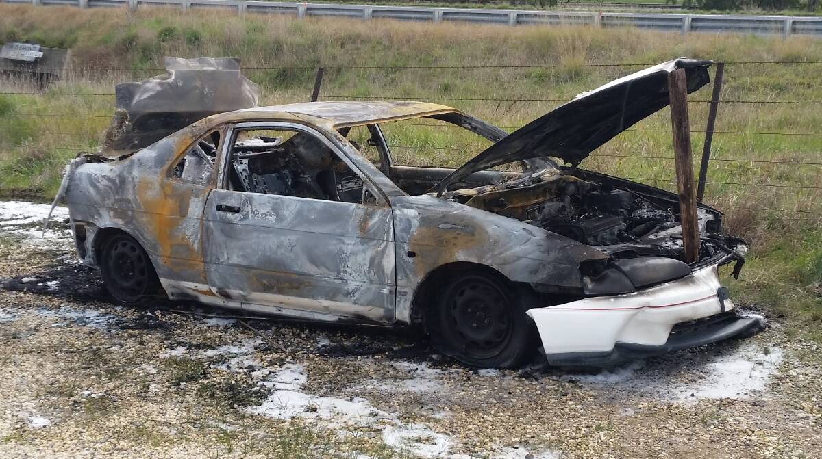 INCINERATED: A burnt out car which had been set alight in Barnawartha on Saturday night. The vehicle had not been reported stolen to police. 