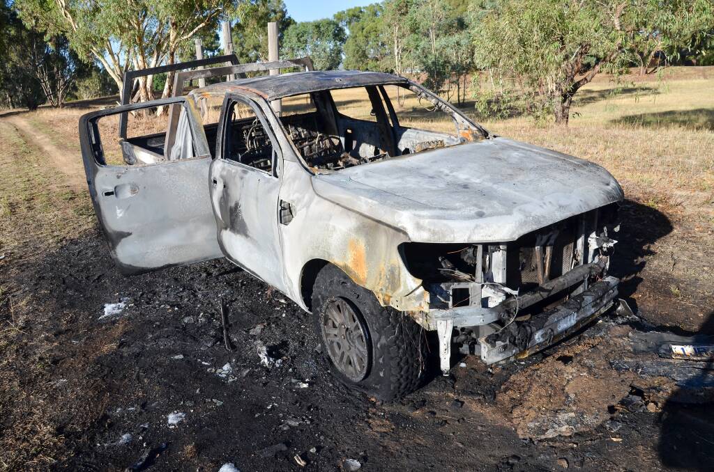 BURNT OUT: A stolen Ford Ranger that was burnt out in Springdale Heights last month. The car was set on fire a few days after being stolen from Thurgoona. 