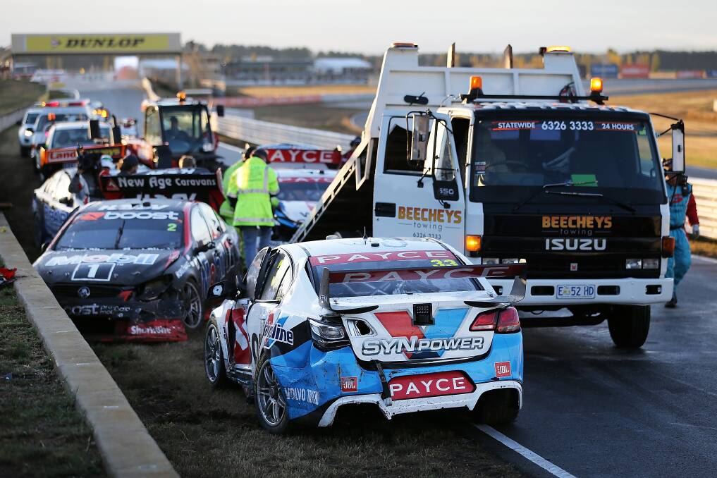 SMASHED: Some of the dozen cars that were damaged during Saturday's V8 Supercar race at Symmons Plains, leaving a hefty repair bill for several teams. 