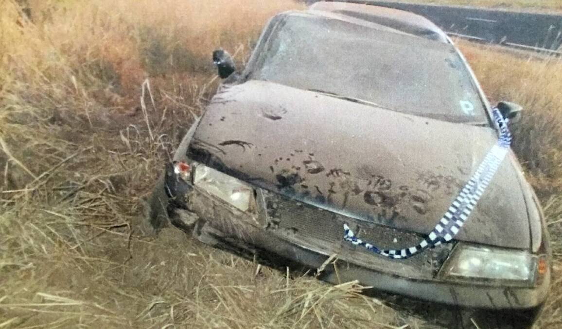 SMASHED: Joel William Burkitt didn't fool anyone after crashing this car at Kergunyah and blaming two strangers for kidnapping him as he slept in the back. 