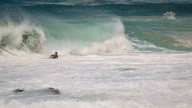 Stingray: Bodyboarder and his friend (the stingray) surfing at Oxley Beach. Photo: Richard Irwin Imagery