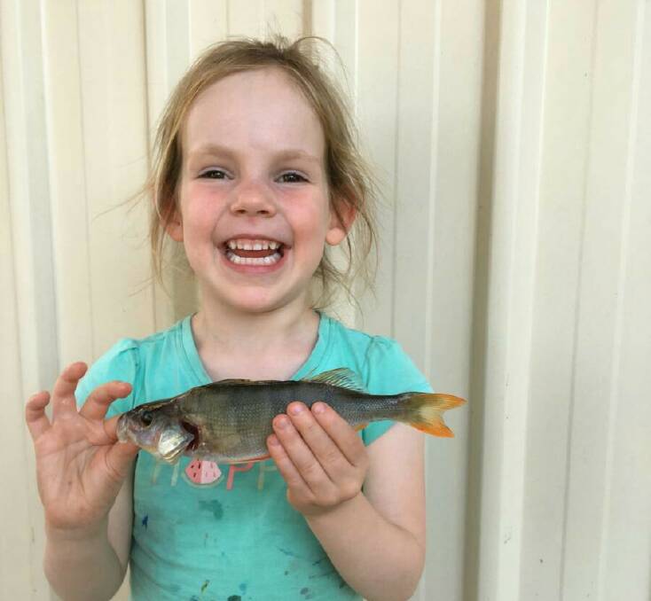 PROUD: An excited Charli Vine, 4, of Talgarno, caught her first fish in the weir recently. 
