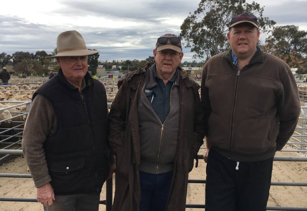 SOLD: Peter Mellington with Burrumbuttock producers Ken and Warren Hall, who sold 200 trade lambs at Corowa for $157.50. Trade lambs fetched $115-$169. 