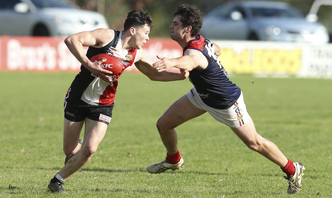 ALL ON THE LINE: Lachie Dale and Adam Flagg will be playing for keeps when Myrtleford and the Raiders meet in round 17. The winner is certain to play finals, with the Raiders needing to win their last three games to stay alive.