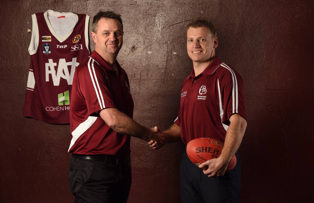 ZAC'S BACK: Wodonga coach Dean Harding and Zac Fulford will work closely together in 2017 before Fulford takes charge of the Bulldogs in 2018. Picture: MARK JESSER