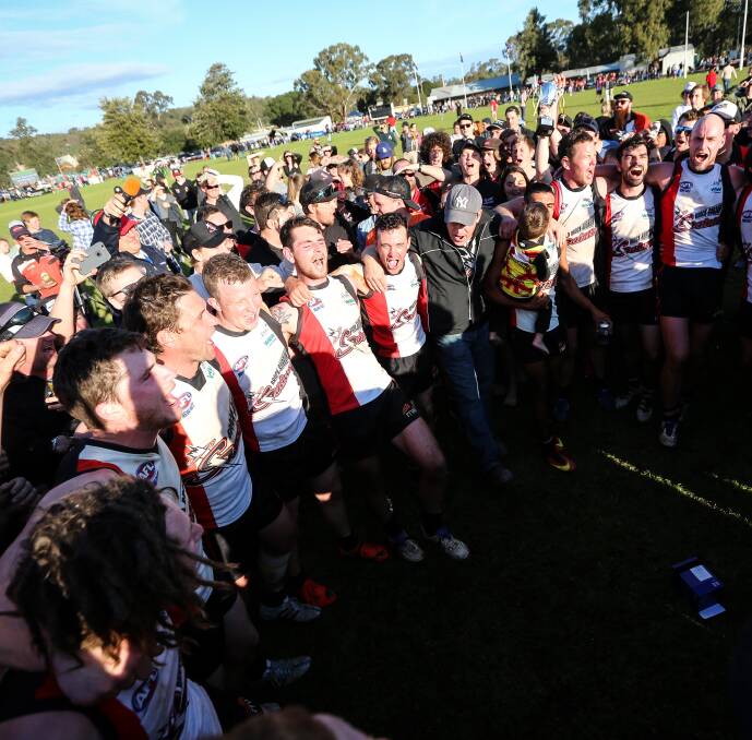 OH WHEN THE SAINTS GO MARCHING IN: Brock-Burrum belts out the team song on the Walbundrie Sportsground after it downed Jindera.