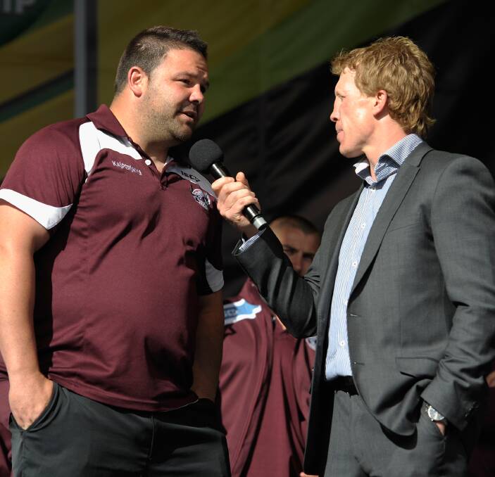 IN A LEAGUE OF THEIR OWN: George Rose is interviewed by Alan Tongue ahead of the 2013 NRL grand final. The duo will be on the Border this week as part of the league's community carnival. Picture: GETTY IMAGES