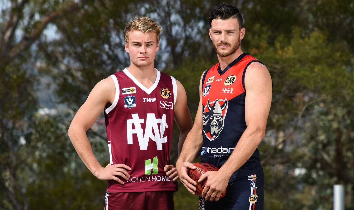 BRING IT ON: Bulldogs youngster Patty Stow and Raiders captain Jack Di Mizio look forward to the Wodonga derby. Stow has been in good form after returning to the John Flower Oval from Dederang-Mt Beauty. Picture: MARK JESSER