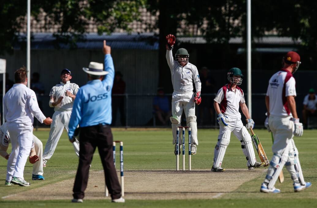 LEAPING FOR JOY: Belvoir wicketkeeper Nat Sariman is delighted as Andrew Dishot is given out lbw off the bowling of Zac Simmonds for a duck. Pictures: MARK JESSER