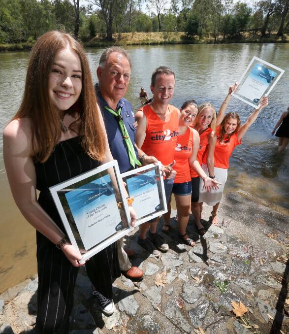 Albury aces: Young citizen of the year Isabella Percy, citizen of the year Graham Smith and City2City crew Wayne Williams, Amy Wallace, Jen Hayes and Michelle Hudson, part of the community group of the year. Picture: KYLIE ESLER