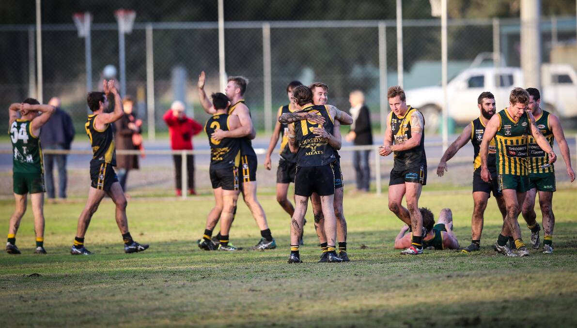 YOU BEAUTY: Barnawartha celebrates a thrilling four-point win as Tallangatta is left to ponder what might have been. Picture: JAMES WILTSHIRE