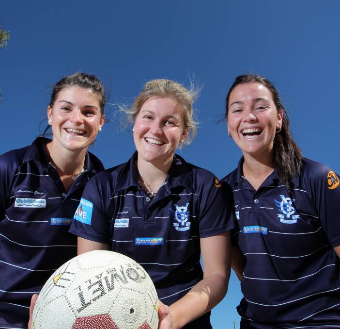 FAMILY MATTERS: Sisters Laura Bourke, Kaitlyn Cummins and Annalise Grinter have played in two premierships together at Yarrawonga. Grinter will play her 150th A grade match for the Pigeons against Wodonga on Saturday.