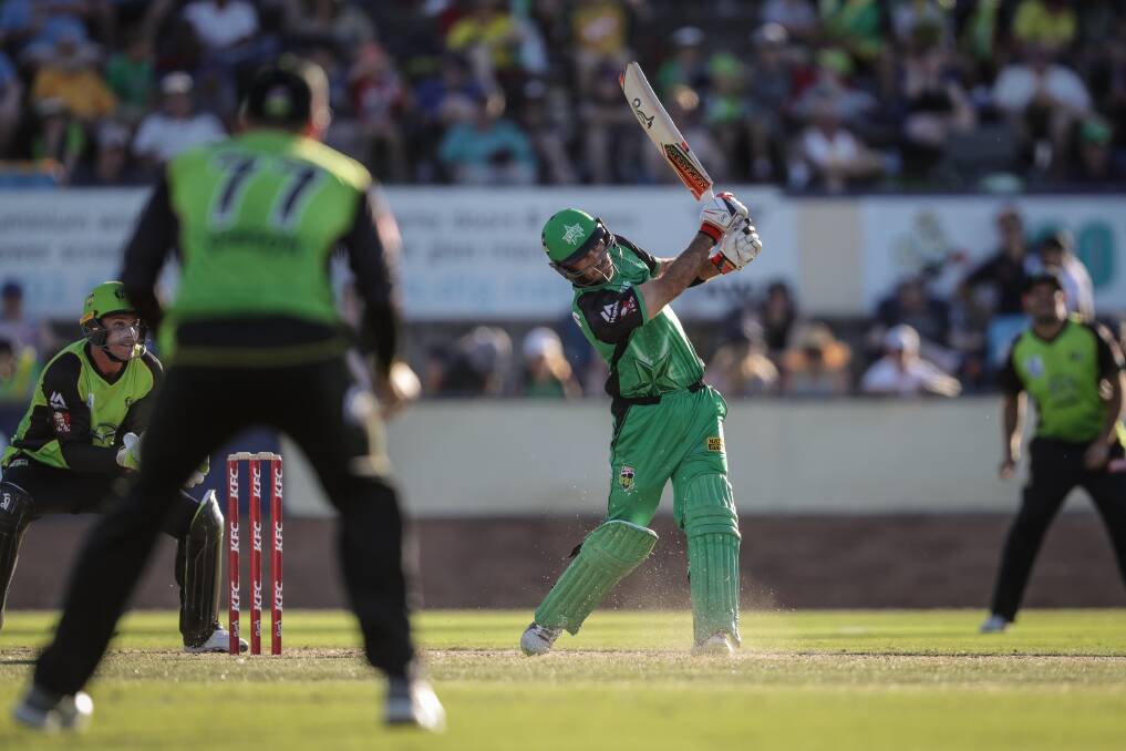 WHACK: Glenn Maxwell sends one over the rope during Melbourne Stars' win against Sydney Thunder during the Border Bash at Lavington Sportsground.