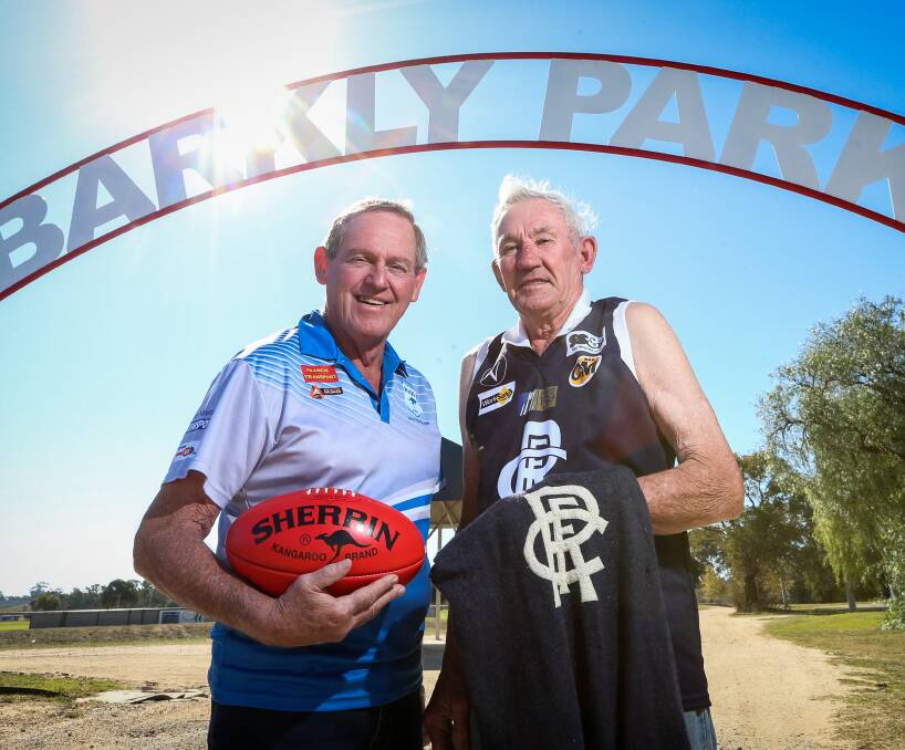 BILL AND FRED'S EXCELLENT ADVENTURE: Fred Longmire and Bill Gayfer, who won five best and fairests for Rutherglen, look forward to Ovens and Murray football returning to Barkly Park. Picture: JAMES WILTSHIRE