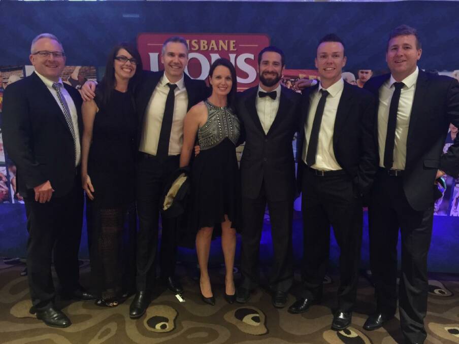 Jason Akermanis and wife Megan at the Brisbane Lions Hall of Fame with brother in law David Lynch, sister Elissa Lynch, brother Nigel Dezdjek, cousin Nathan Carswell and friend Damian Cavanagh.