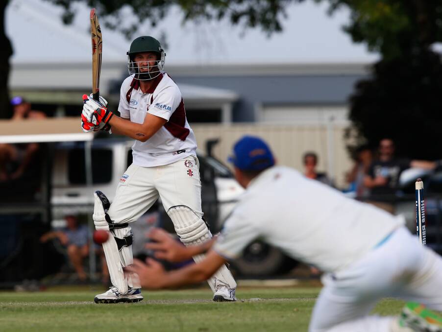Wodonga tail-ender Leo McGhee cuts a ball away before being the final wicket to fall on Sunday.