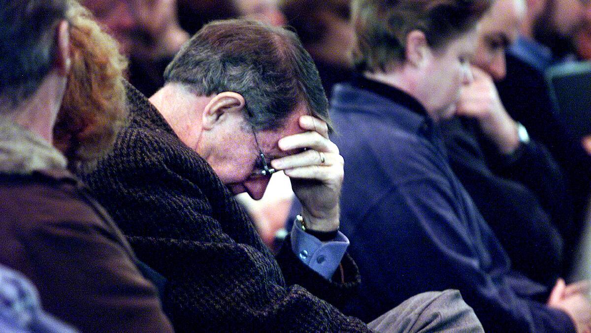 Bruce Pennay looks down in frustration during the public forum at Wodonga Civic Centre in 2001 to discuss the One City proposal.