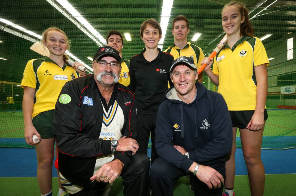 Merv Hughes, Sarah Elliott and David Hussey with North East young guns Georgia Moorman, 14, Will Creed, 16, Ben Welsh, 17, and Maddy Howard, 16. Picture: JAMES WILTSHIRE