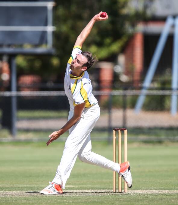 BOWLED, BROTHER: James Weighell bowled against his brother Andrew for the first time when Tallangatta met Wodonga in the top-of-the-table clash at Les Cheesley Oval on Saturday. Picture: JAMES WILTSHIRE