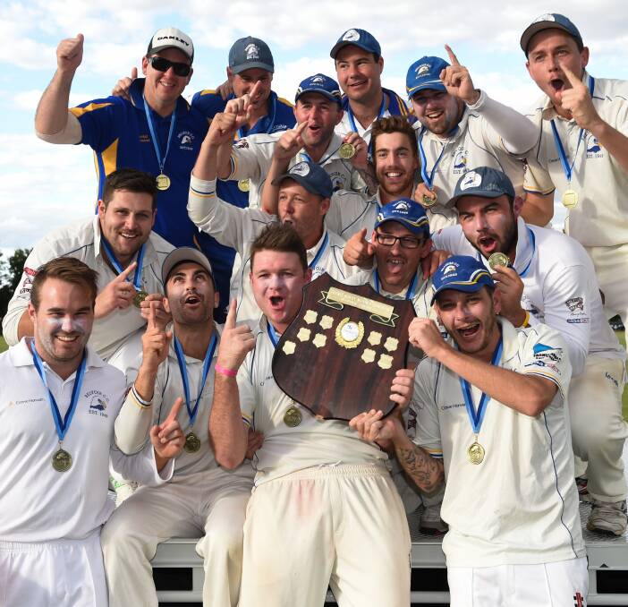 EAGLES ROCK: Belvoir celebrates its maiden Cricket Albury-Wodonga Provincial premiership after beating the Bulldogs by 102 runs at Les Cheesley Oval. Pictures: MARK JESSER