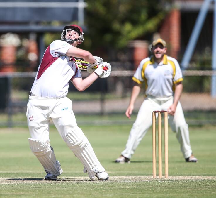 WHACK, JACK: Wodonga batsman Jack Craig top-scored for the Bulldogs with 46 before skying this pull shot off Tallangatta fast bowler Steve Wood. Pictures: JAMES WILTSHIRE